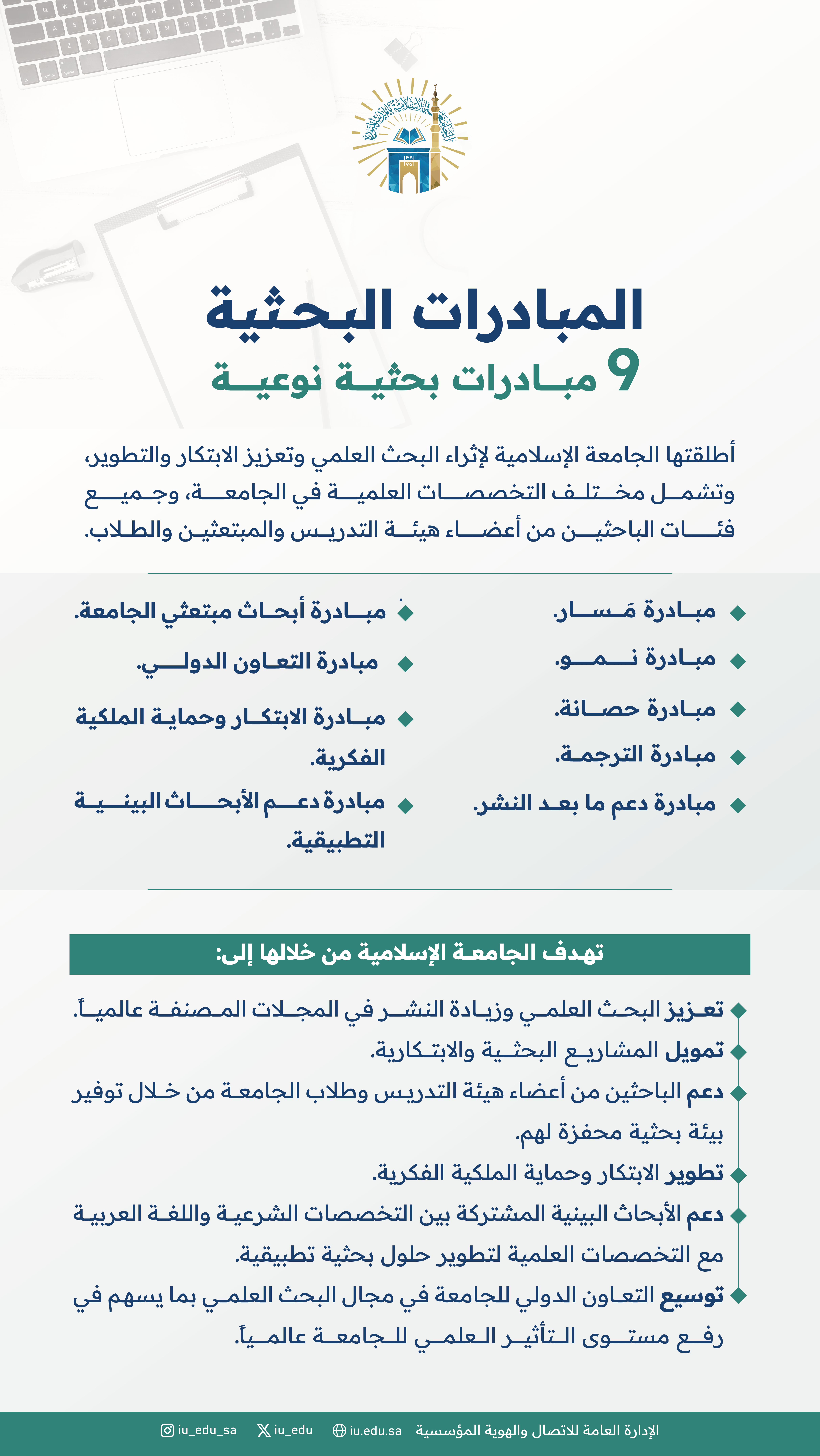 نحو تميز أكاديمي وبحثي عالمي، أطلقت ⁧الجامعة الإسلامية⁩ (9) مبادرات بحثية نوعية؛ لتعزيز البحث العلمي، والابتكار في مختلف التخصصات.